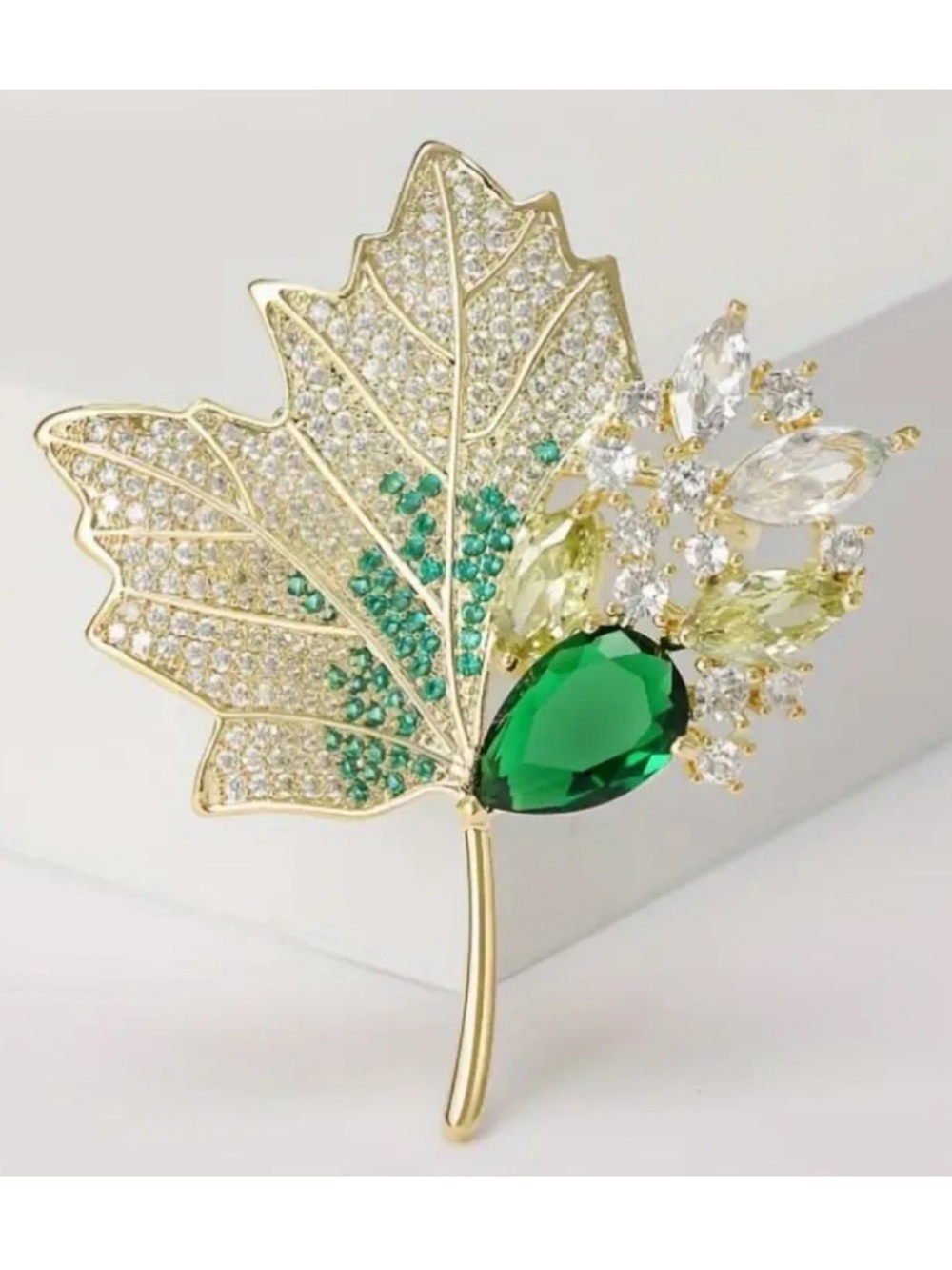 Gold Leaf Brooch with Emerald Green Crystal Accent